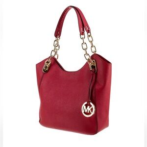 MICHAEL KORS Lillie Gold Chain Handle Leather Tote Large Shoulder Bag Red